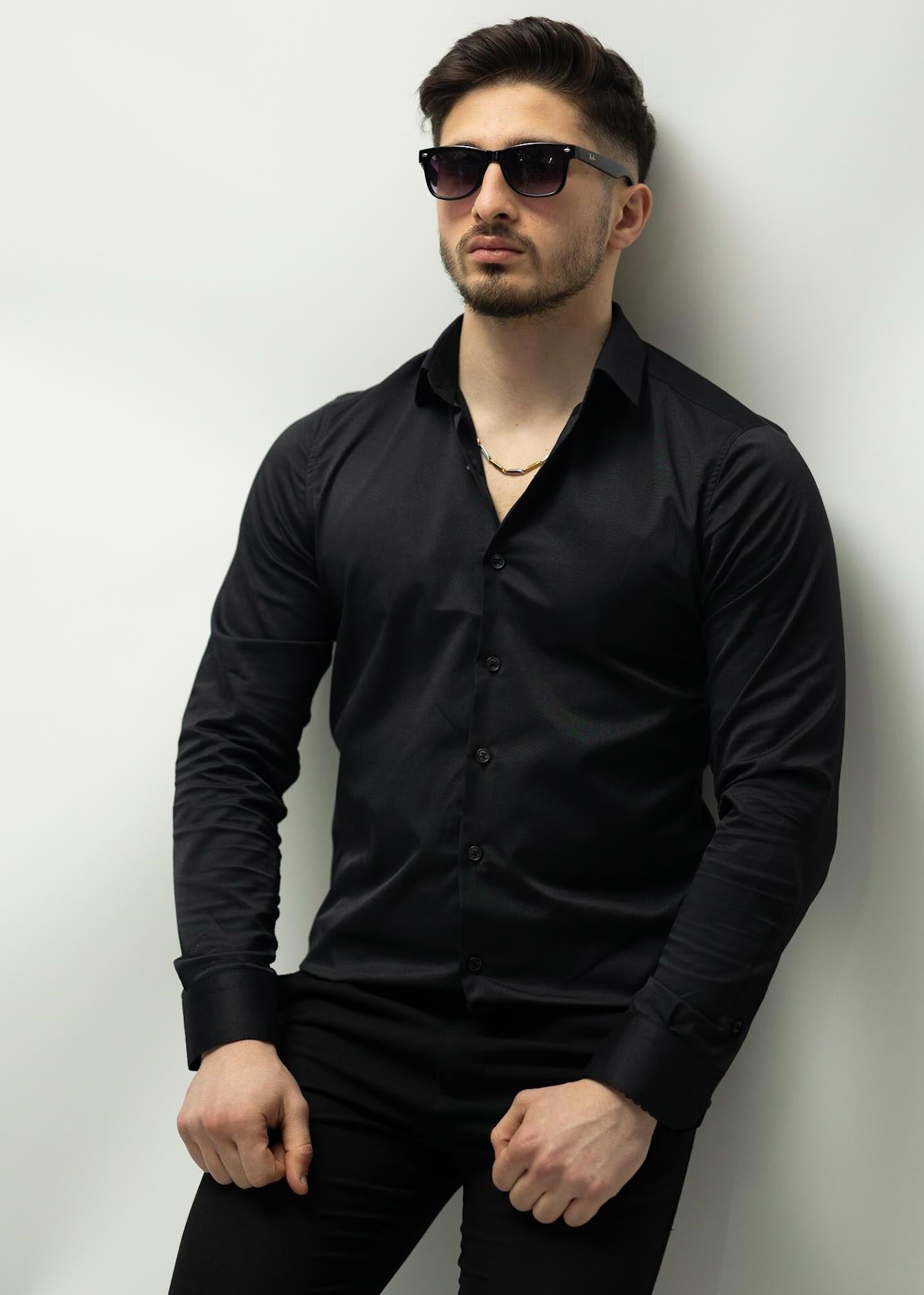 Чорна Сорочка з класичним коміром слім фіт строга S M L XL XXL 80-06-401