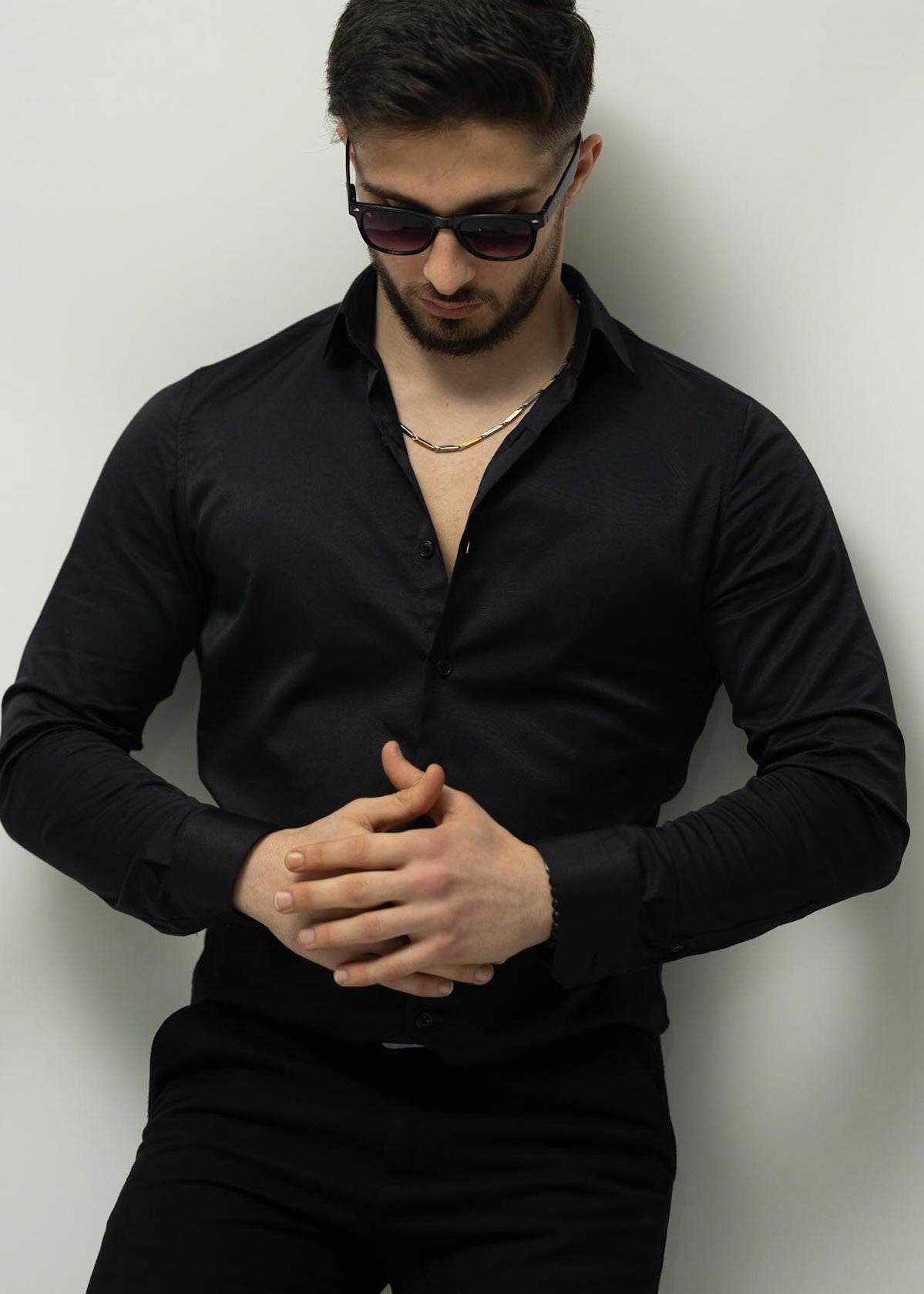 Чорна Сорочка з класичним коміром слім фіт строга M XL XXL 3XL 80-SD04-401/80-06-401