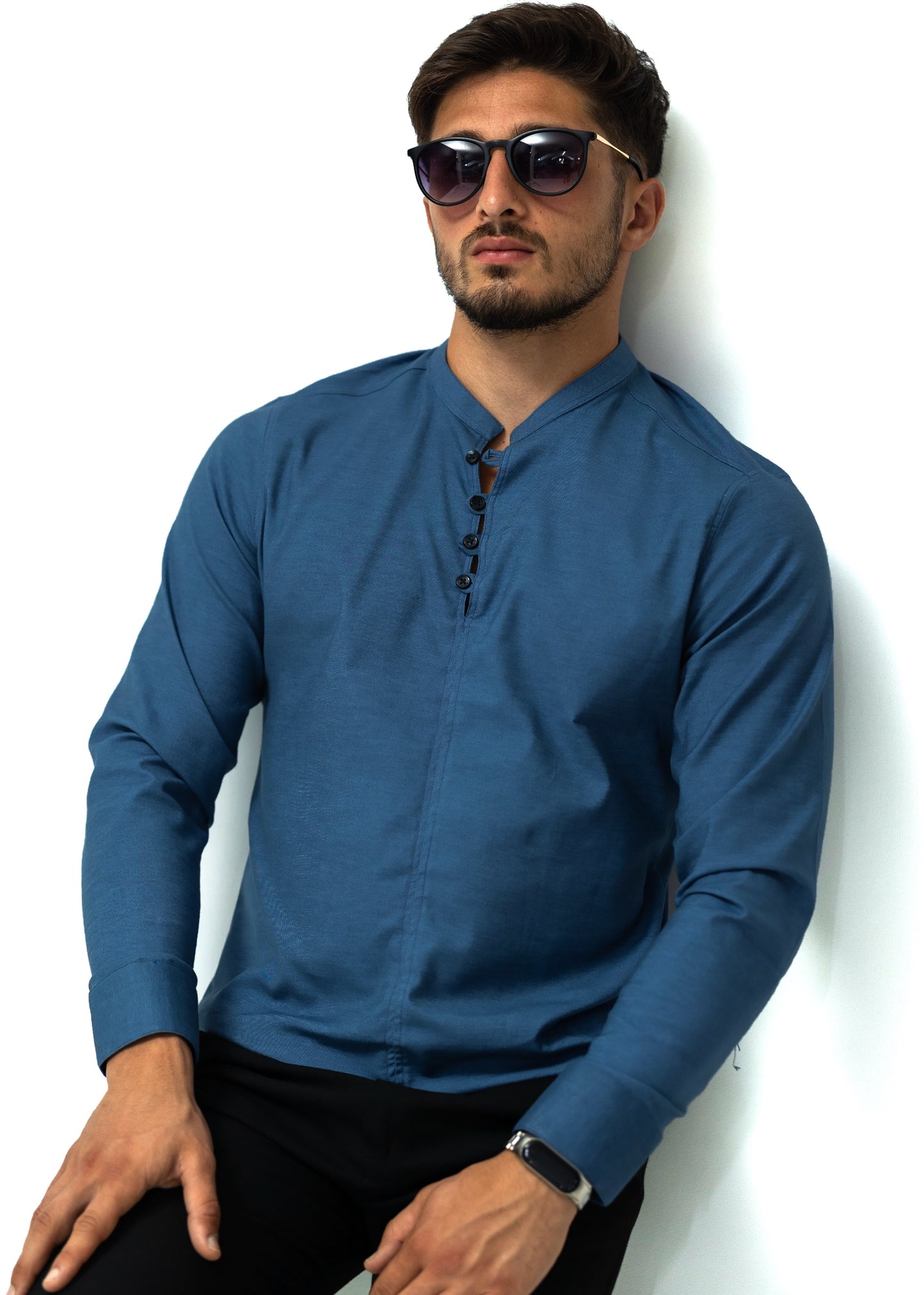 Сорочка чоловіча стійка з дизайнерською застібкою синя XXL 29-109-502