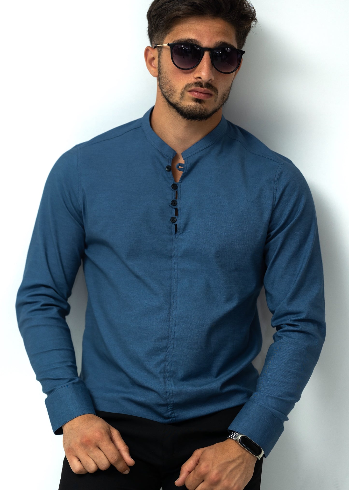 Сорочка чоловіча стійка з дизайнерською застібкою синя XXL 29-109-502