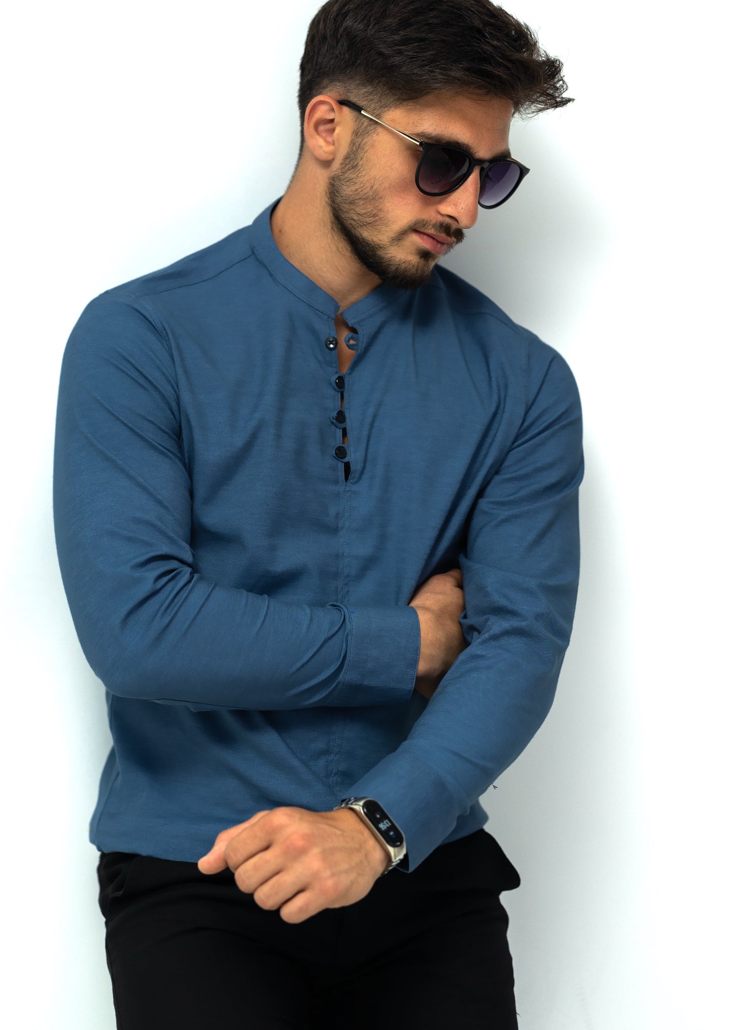 Сорочка чоловіча стійка з дизайнерською застібкою синя XXL 29-109-502