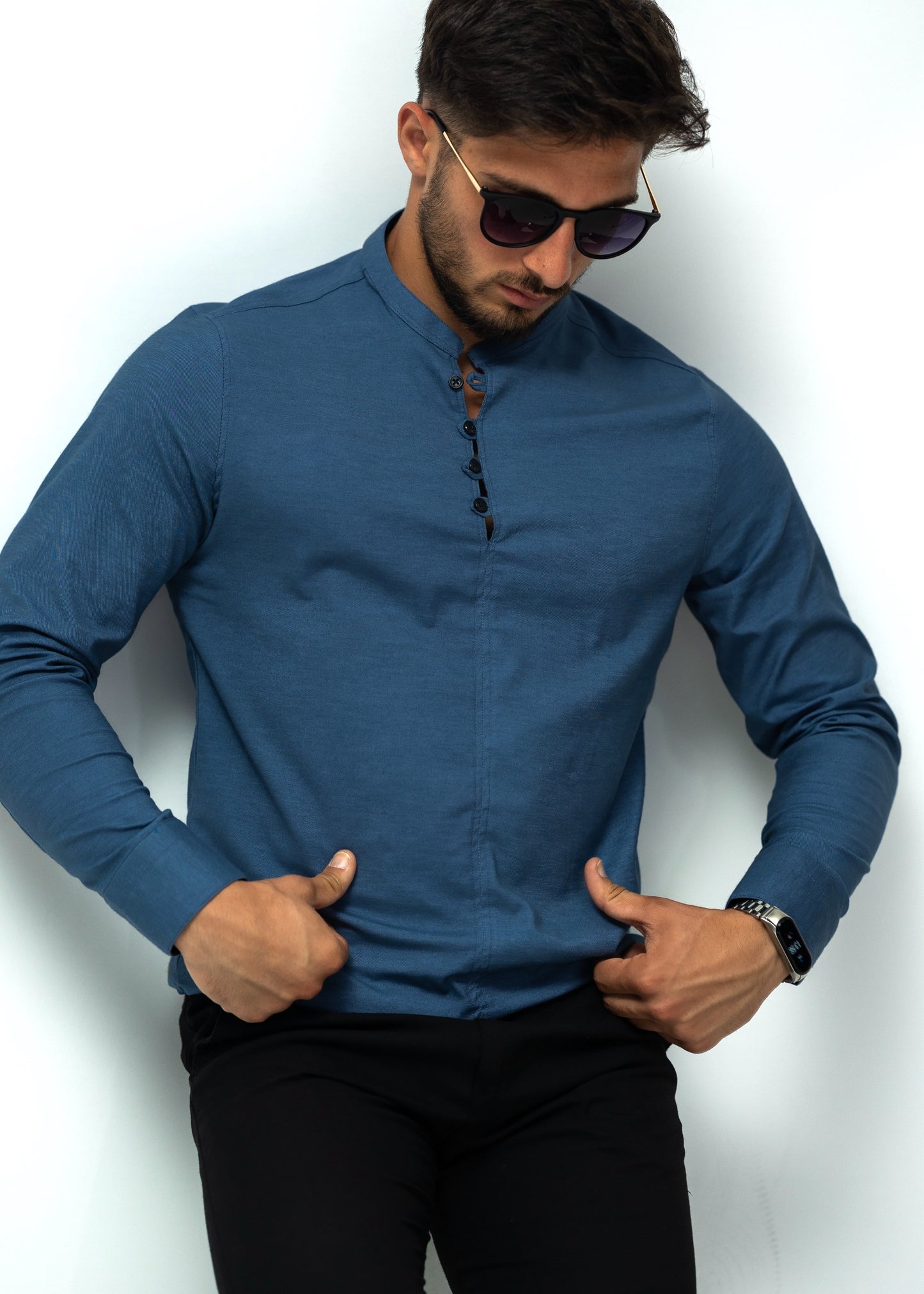 Сорочка чоловіча стійка з дизайнерською застібкою синя XXL 29-109-502