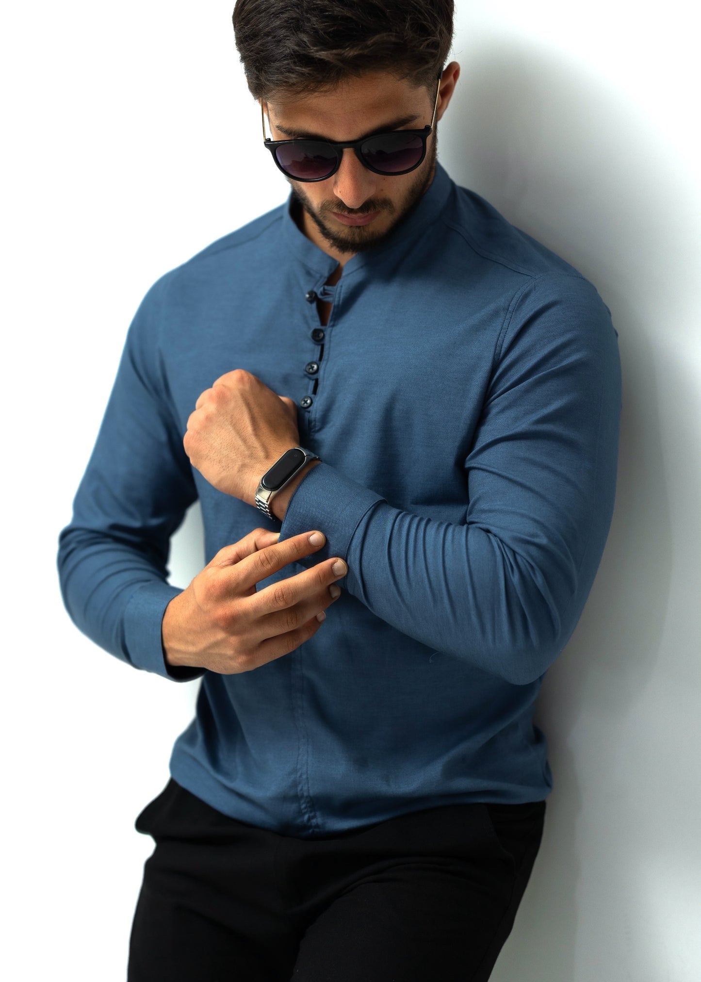 Сорочка чоловіча стійка з дизайнерською застібкою синя XXL 29-109-502