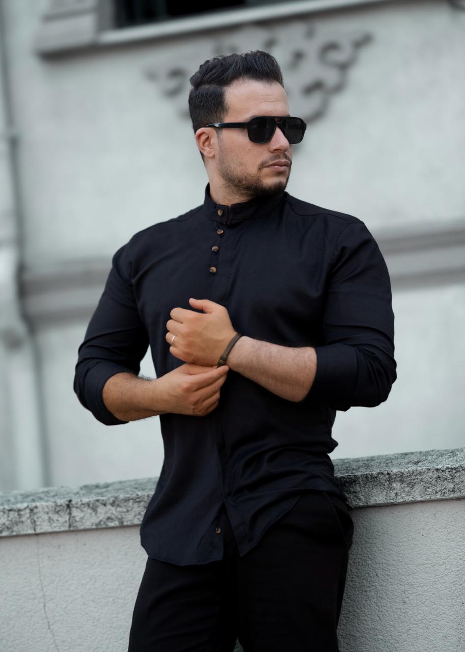 Чорна сорочка чоловіча дизайнерська з коміром-стійкою M L XL 80-91-502