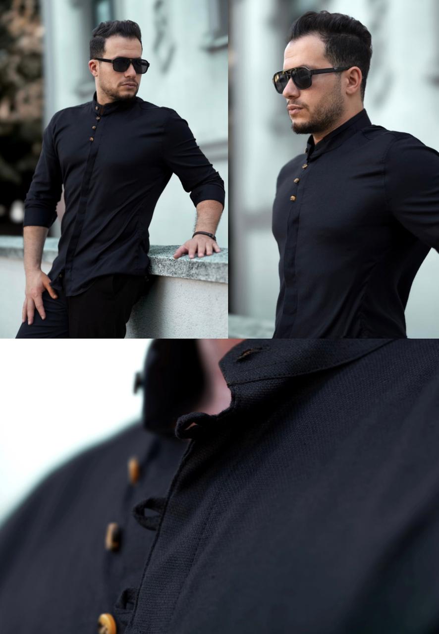 Чорна сорочка чоловіча дизайнерська з коміром-стійкою M L XL 80-91-502