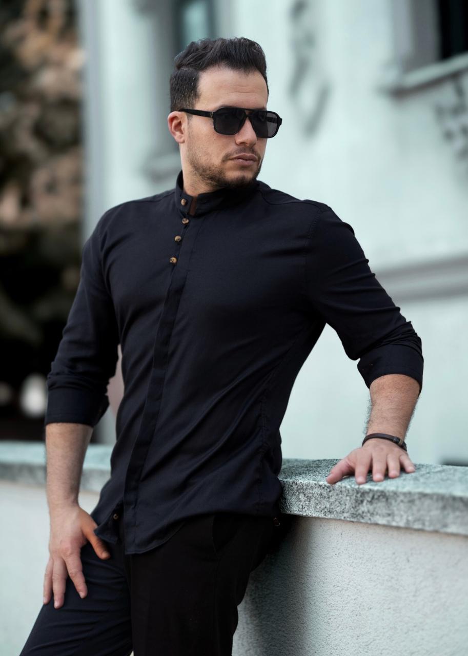 Чорна сорочка чоловіча дизайнерська з коміром-стійкою M L XL 80-91-502
