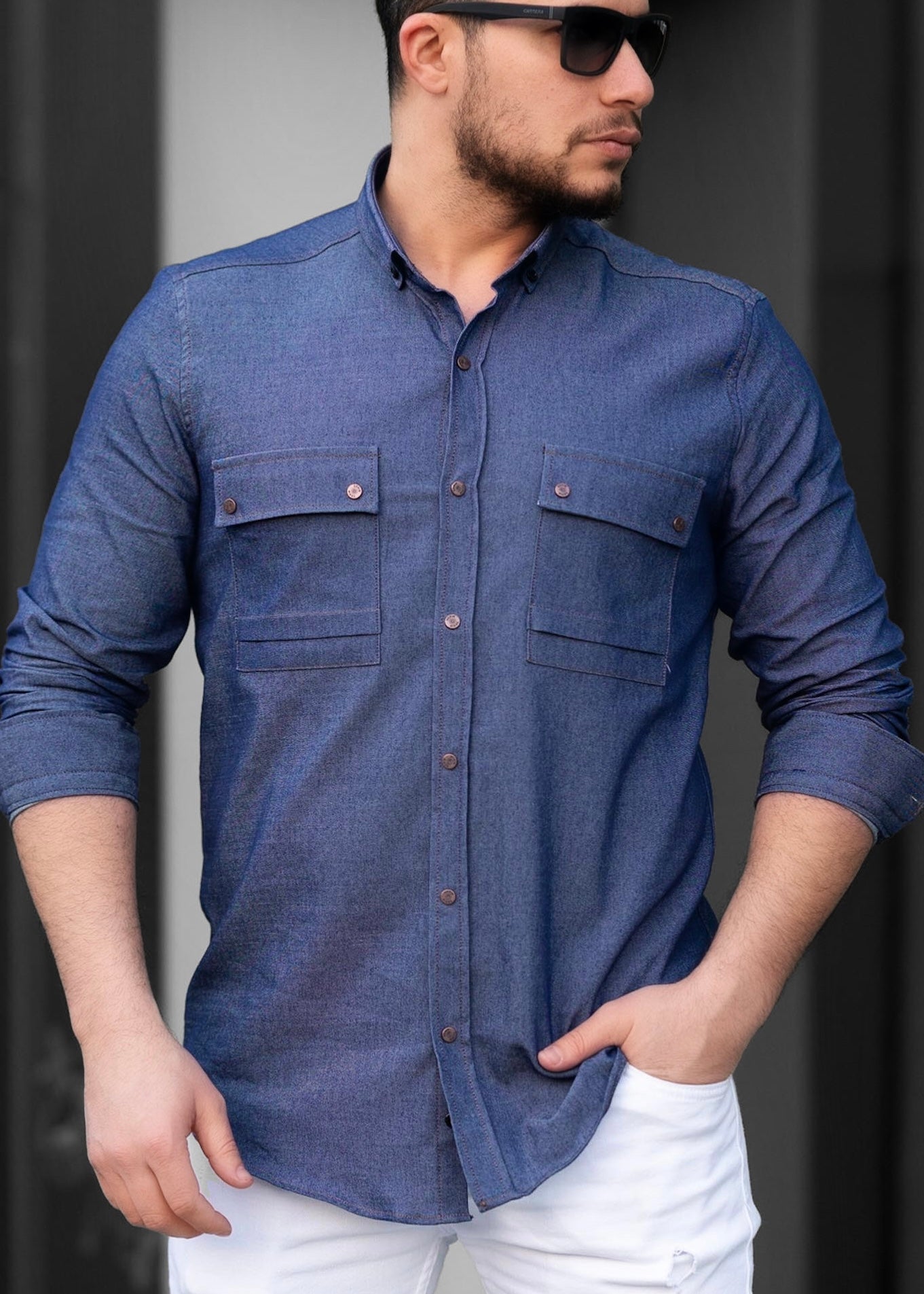 Чоловіча сорочка з тонкого джинсу синя M L XL XXL 53-214-502