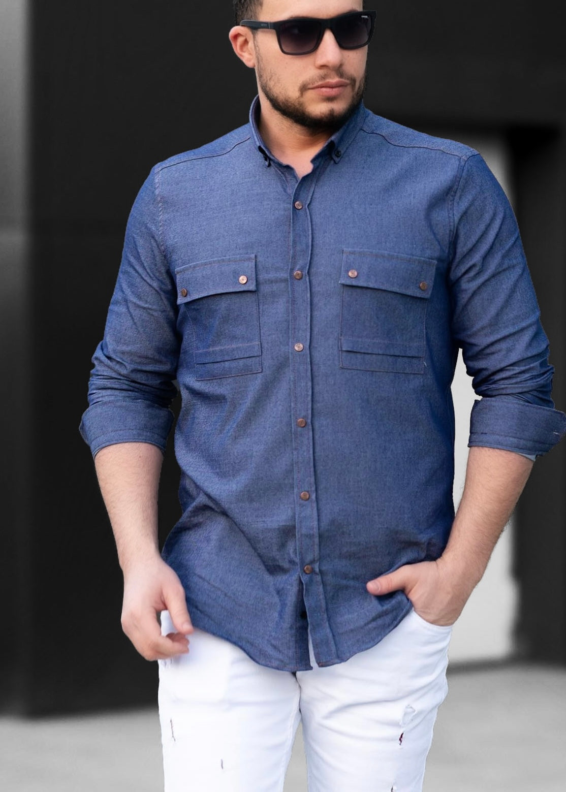 Чоловіча сорочка з тонкого джинсу синя M L XL XXL 53-214-502