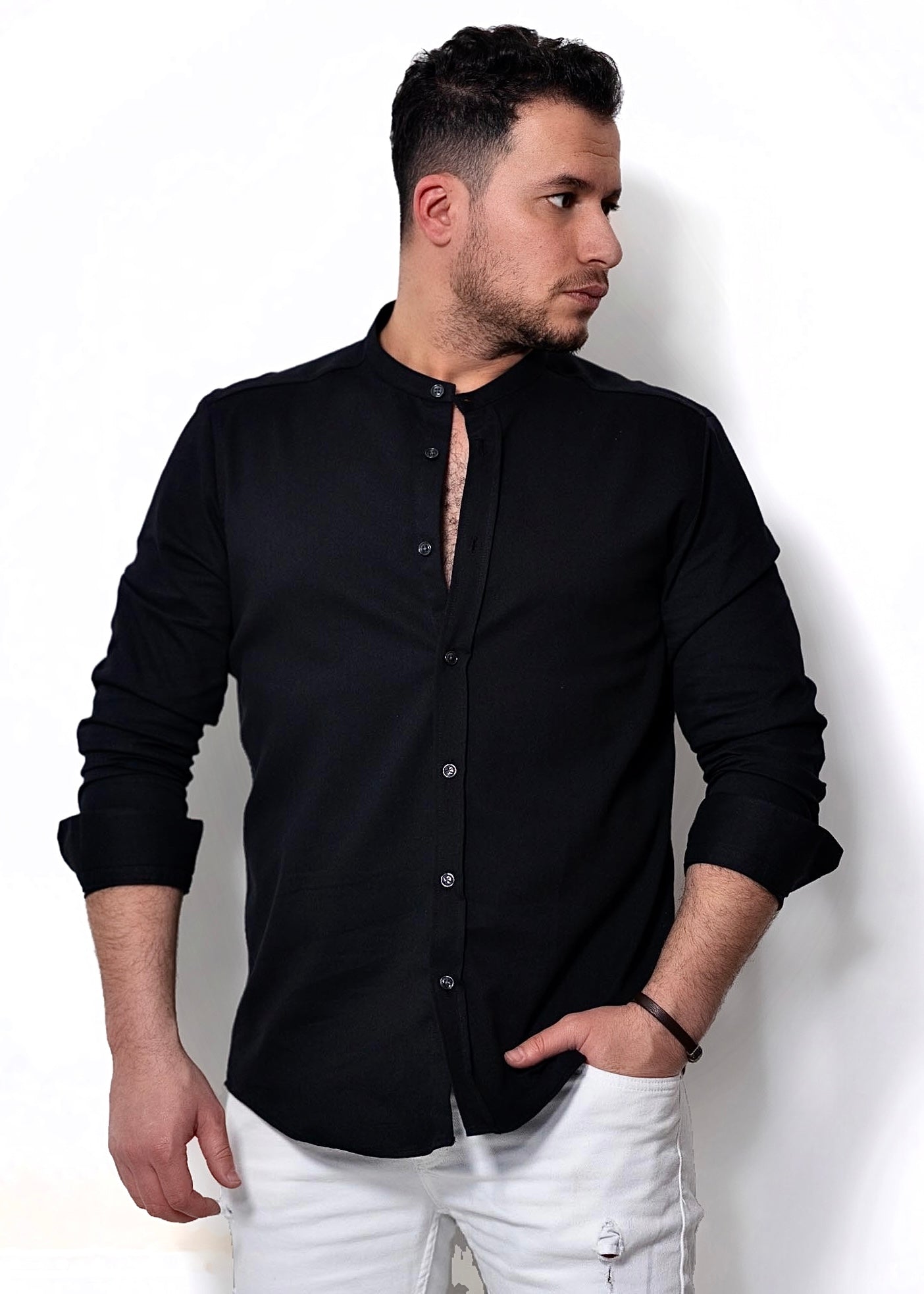 Чоловіча сорочка Чорна з м'якої бавовни стійка L XL XXL 3XL 80-210-502