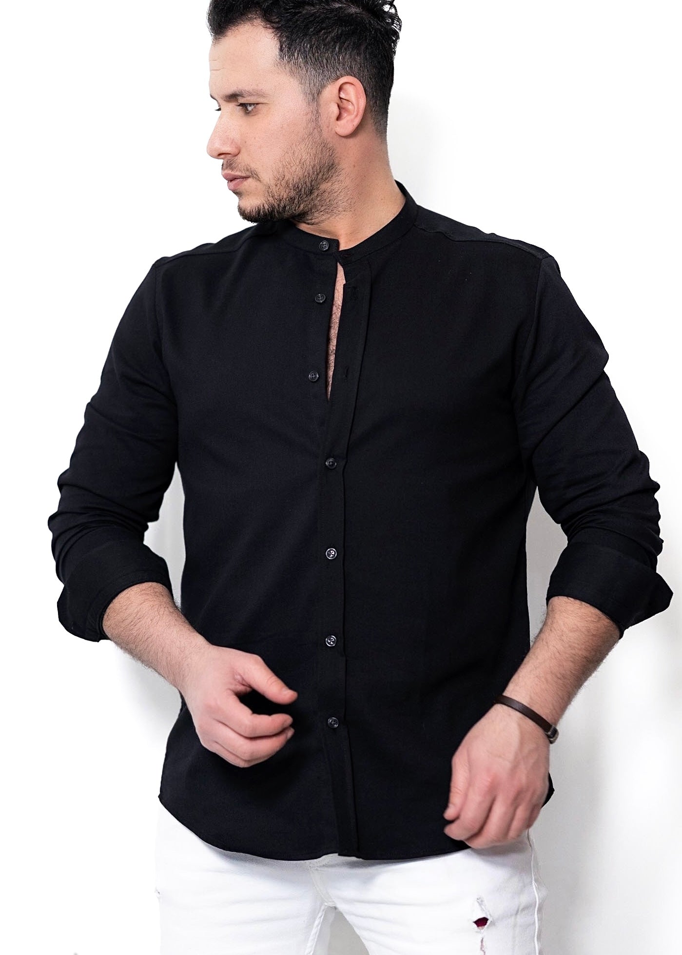 Чоловіча сорочка Чорна з м'якої бавовни стійка L XL XXL 3XL 80-210-502