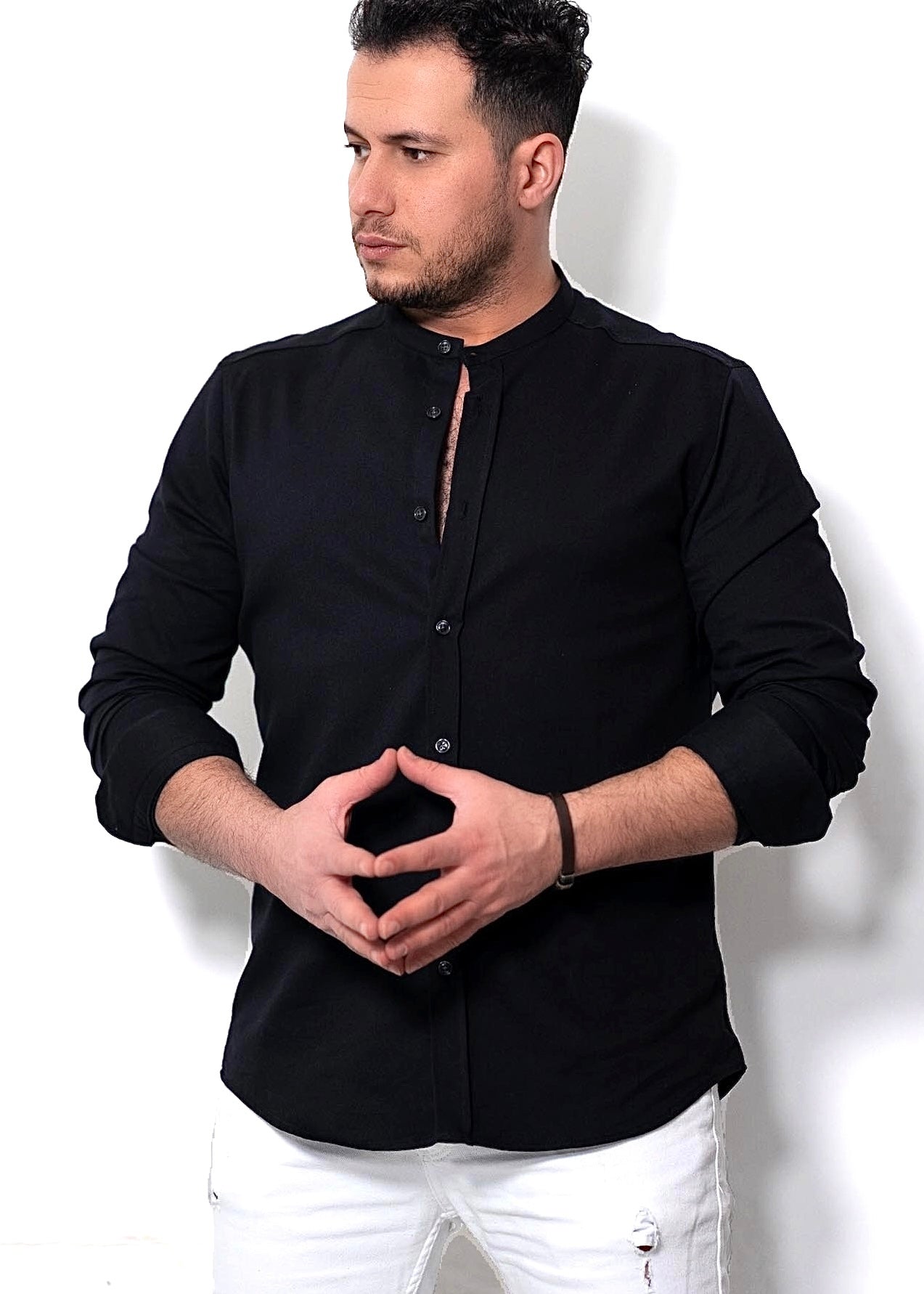 Чоловіча сорочка Чорна з м'якої бавовни стійка L XL XXL 3XL 80-210-502