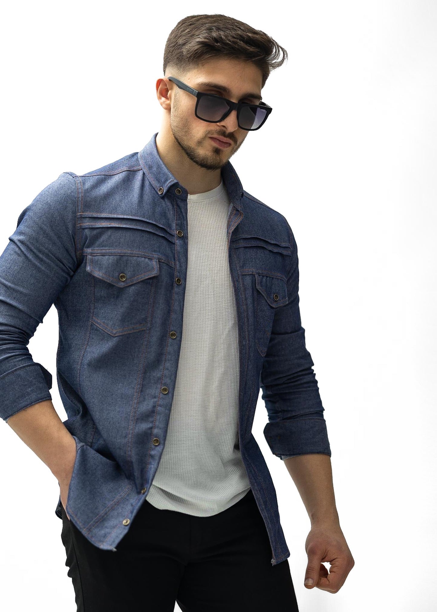 Чоловіча сорочка джинсова синя M L XXL 53-216-502