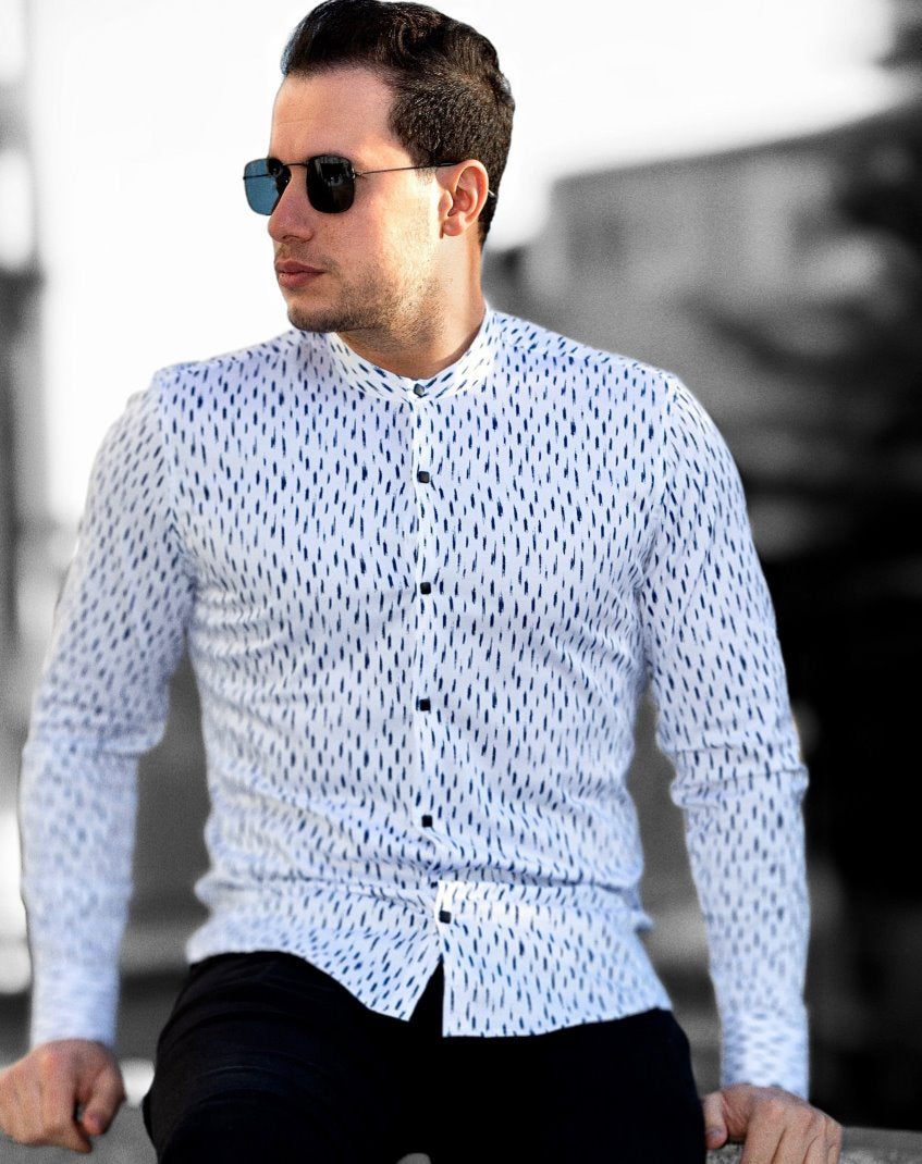 Модна Стрейчева сорочка з коміром стійка та дизайнерським принтом M L XL XXL 01-50-800