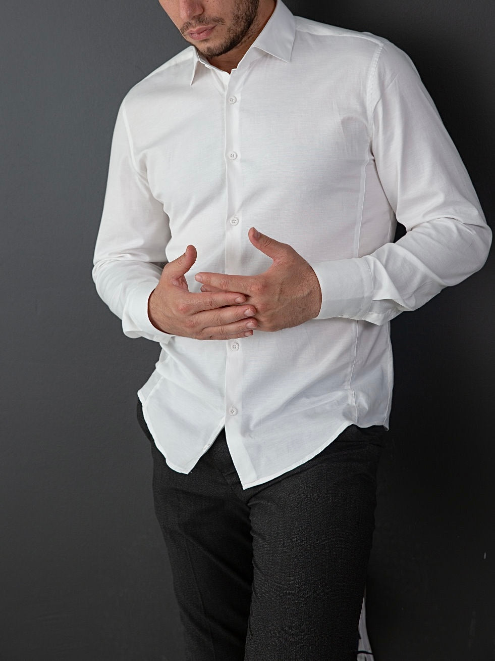 Святкова сорочка приталена кольору айвері під запонки S M L XL XXL 03-80-401