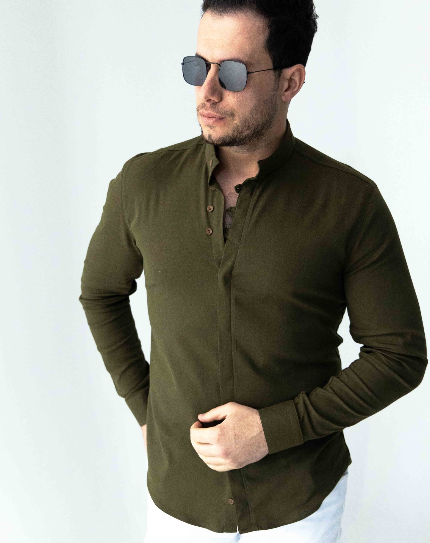Сорочка під кольоровий джинс кольору хакі з дизайнерським коміром L XL XXL 18-91-501