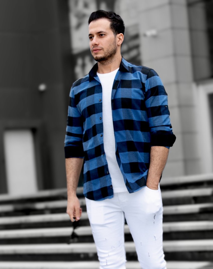 Сорочка З щільної бавовни у Велику Клітку синього кольору M L XL 23-40-601