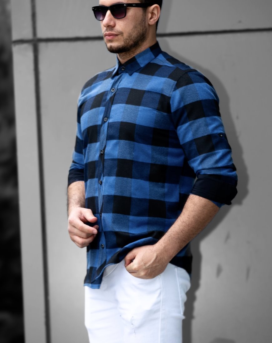 Сорочка З щільної бавовни у Велику Клітку синього кольору M L XL 23-40-601