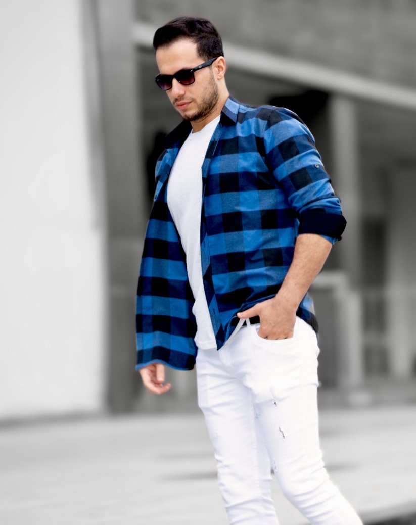 Сорочка З щільної бавовни у Велику Клітку синього кольору M L XL 23-40-601