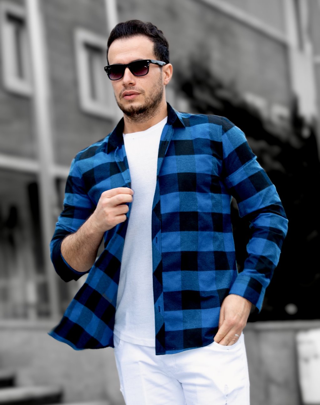 Сорочка З щільної бавовни у Велику Клітку синього кольору M L XL 23-40-601