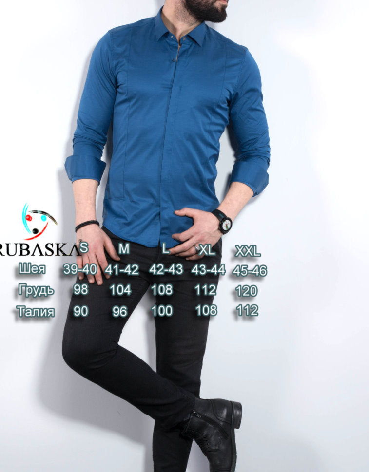 Синя сорочка звуженого крою з класичним коміром S M 26-07-400