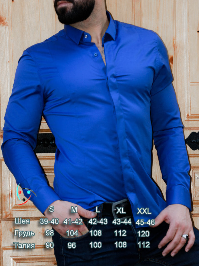 Синя молодіжна сорочка slim fit з планкою на потайних гудзиках S M XXL 27-07-418