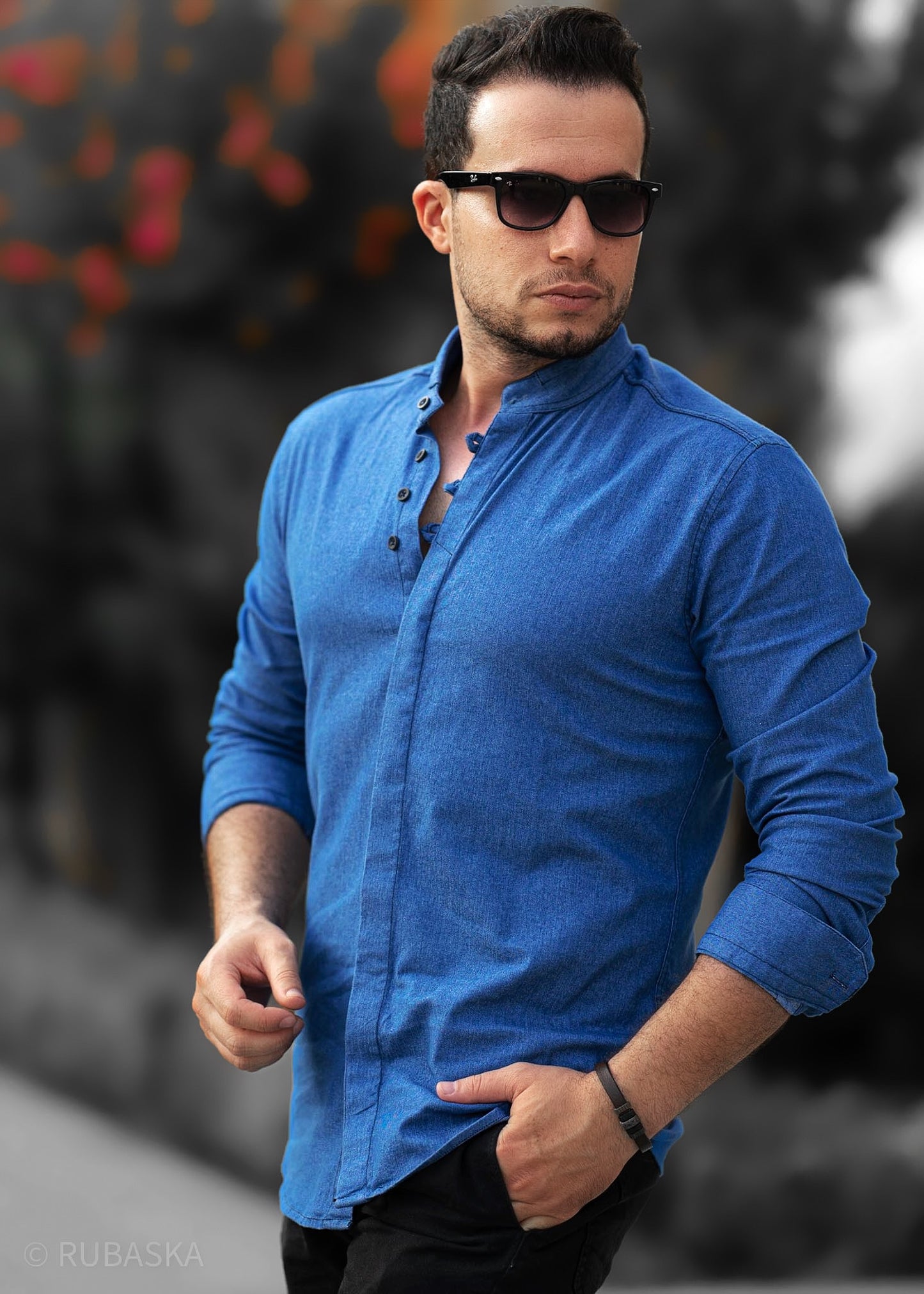 Синя сорочка чоловіча слім фіт із кольорового джинсу M L XL XXL 30-91-505