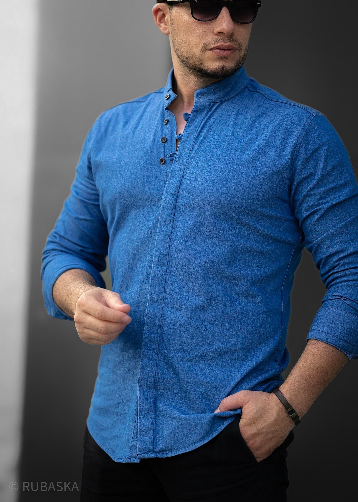 Синя сорочка чоловіча слім фіт із кольорового джинсу M L XL XXL 30-91-505