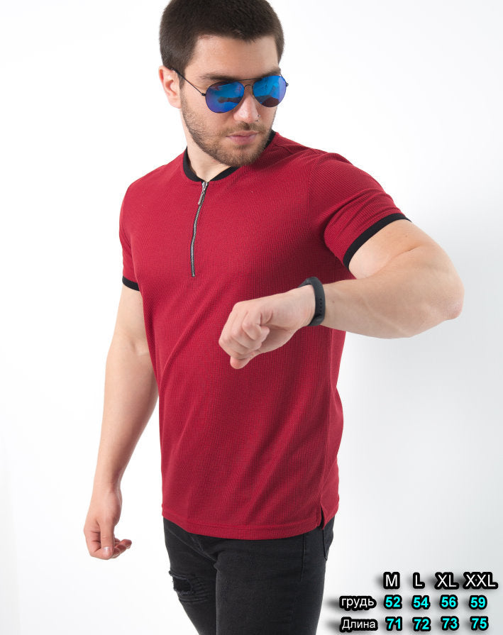 Чоловіча футболка поло бордова на блискавці з коміром стійкою M L XL XXL 61-96-001