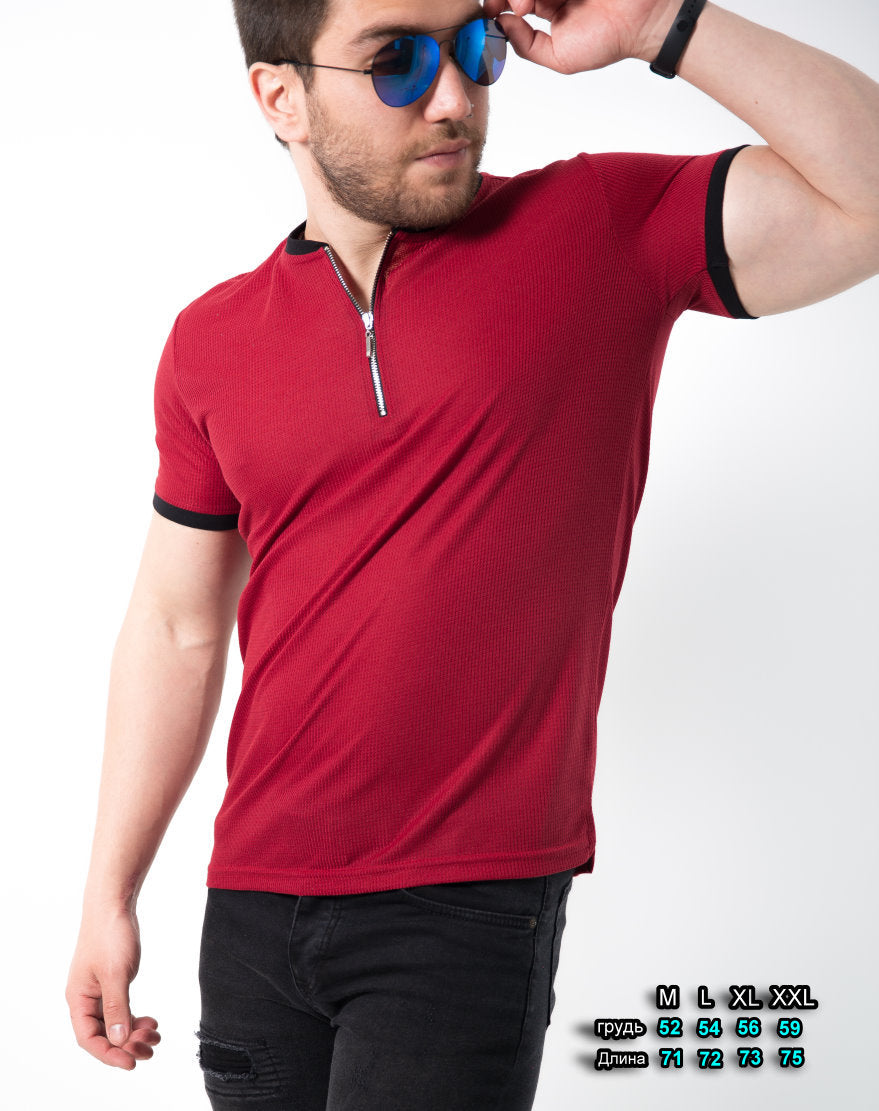 Чоловіча футболка поло бордова на блискавці з коміром стійкою M L XL XXL 61-96-001