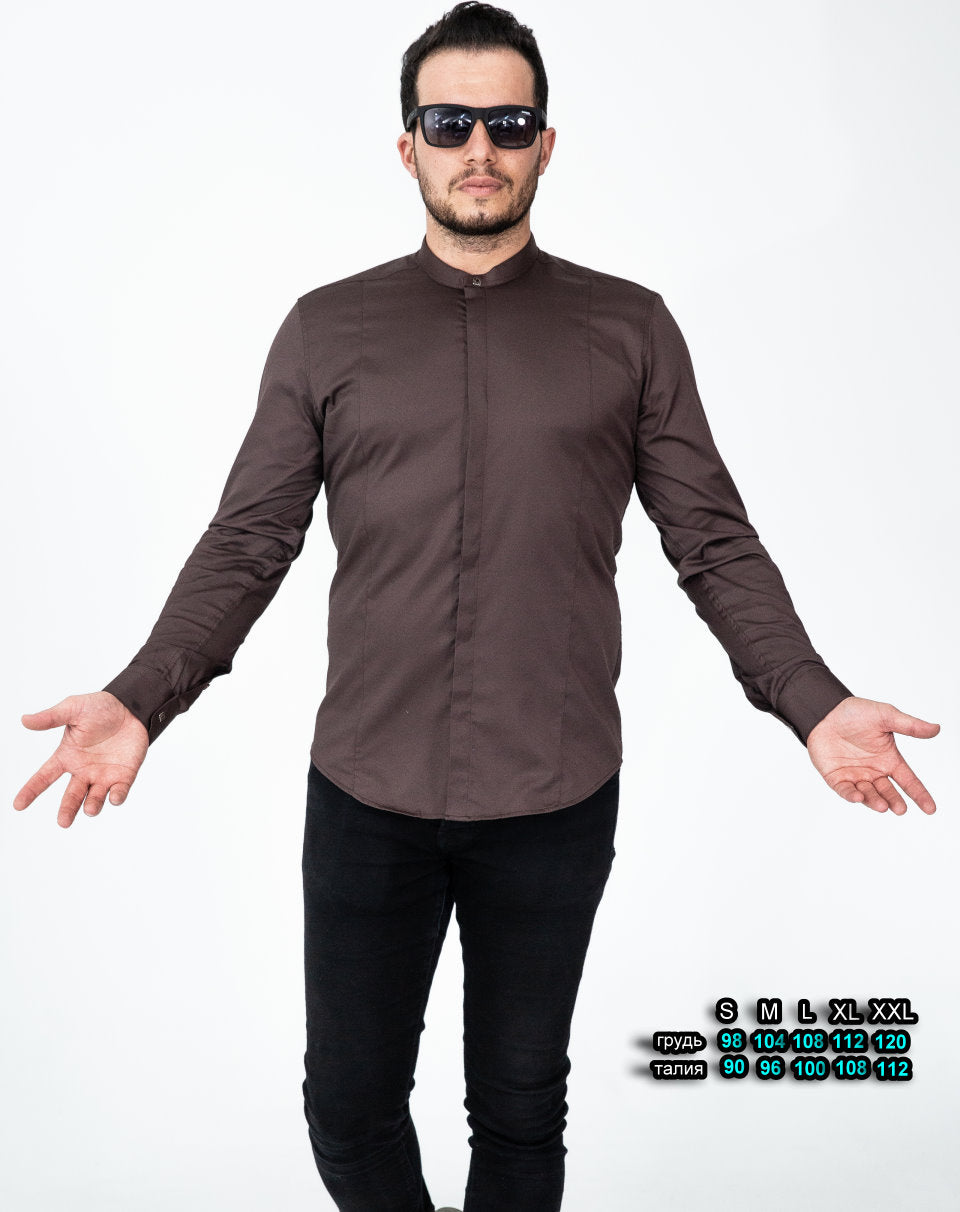 Чоловіча сорочка приталена коричнева бавовна комір-стійка шоколад S L XL XXL 77-61-446
