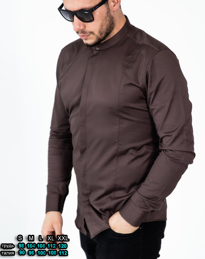 Чоловіча сорочка приталена коричнева бавовна комір-стійка шоколад S L XL XXL 77-61-446