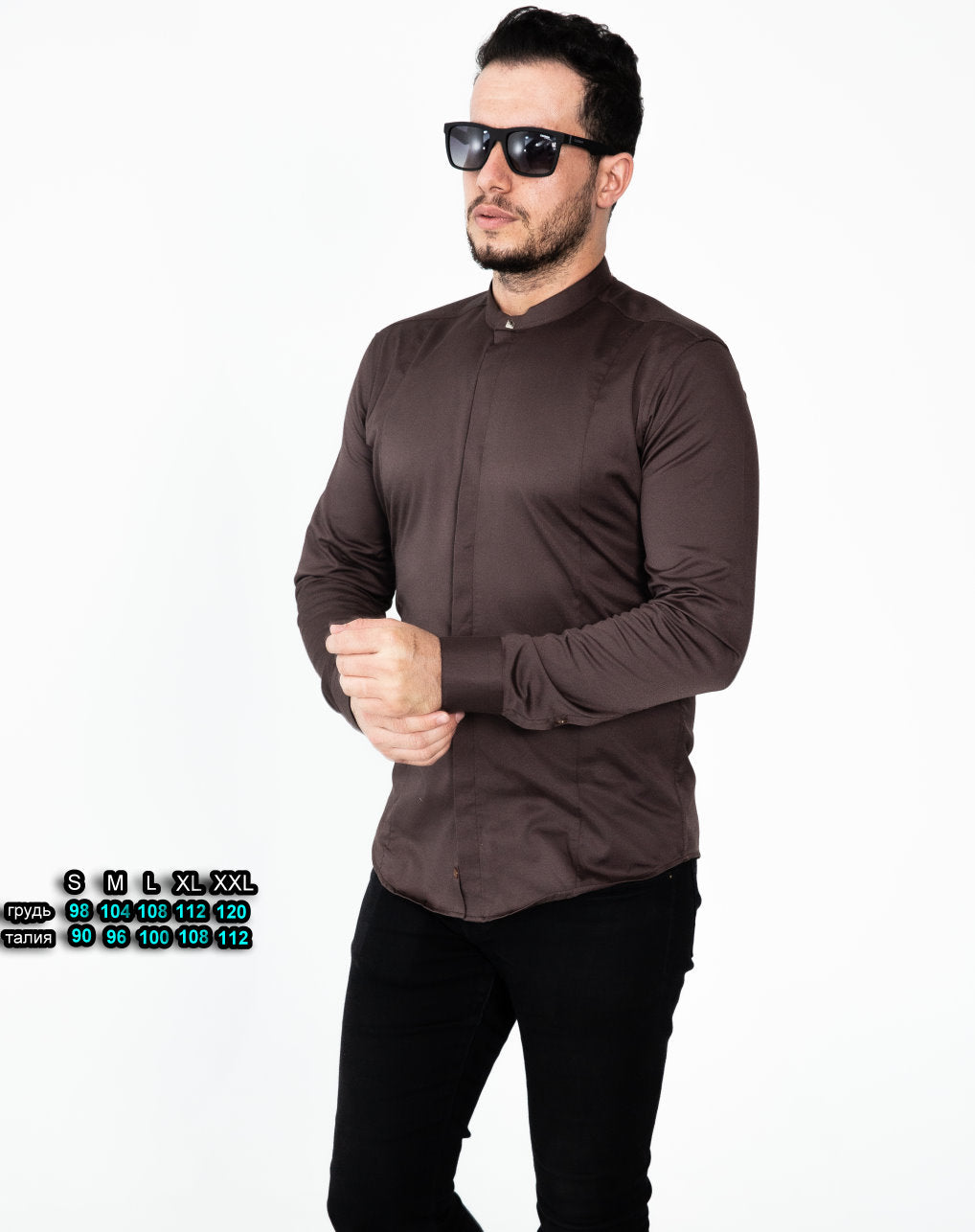 Чоловіча сорочка приталена коричнева бавовна комір-стійка шоколад S L XL XXL 77-61-446