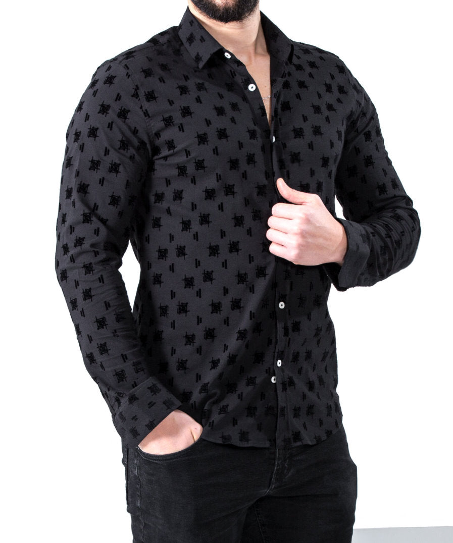 Стрейчева чорна дизайнерська сорочка з малюнком L XL 80-06-460