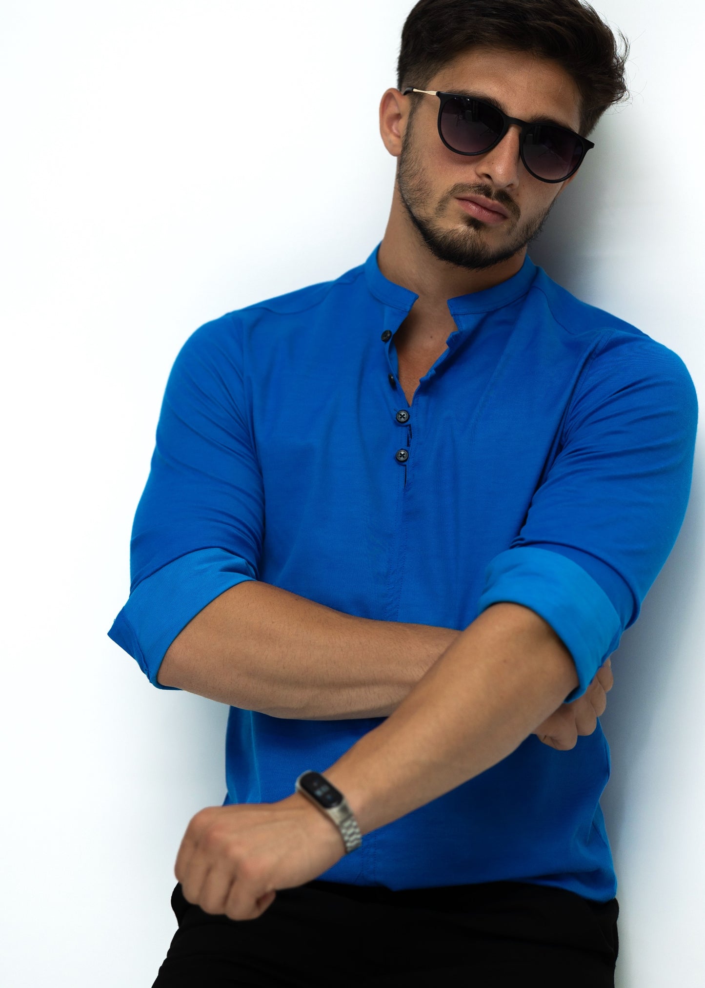 Модна сорочка з дизайнерською застібкою Rubaska синього кольору M L XL XXL 3XL 28-109-502
