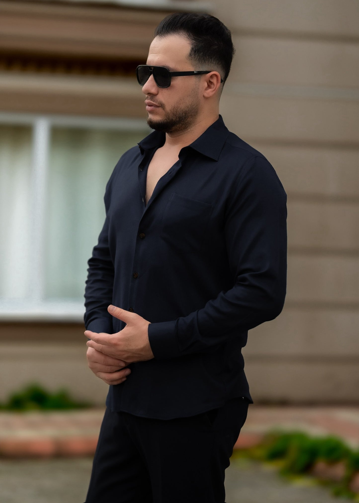 Модна чорна сорочка чоловіча з кишенею M L XL XXL 3XL 80-71-502