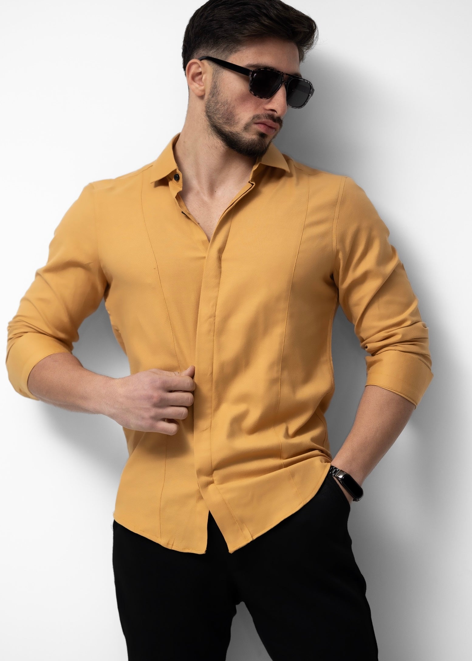 Сорочка чоловіча бежева приталена бавовняна кемел XL XXL 08-07-601 