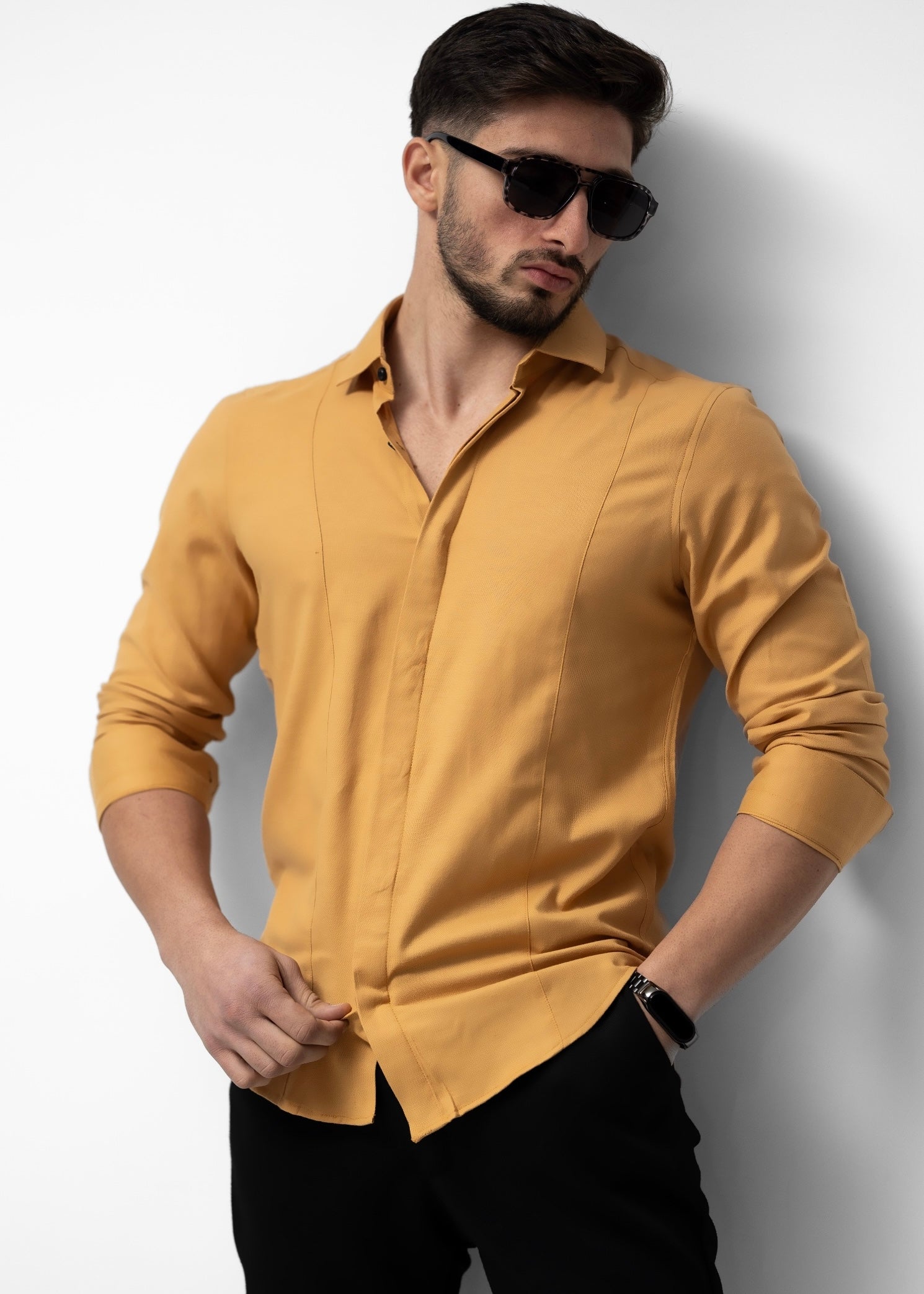 Сорочка чоловіча бежева приталена бавовняна кемел XL XXL 08-07-601 