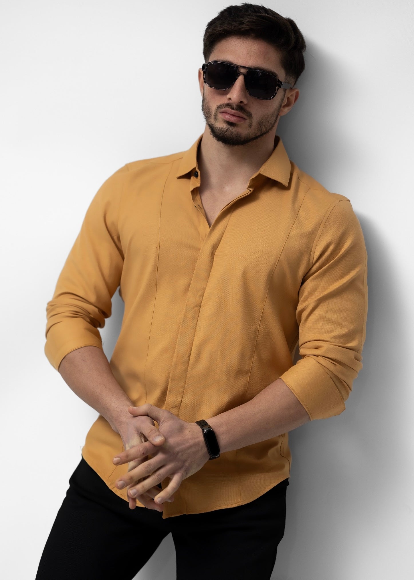 Сорочка чоловіча бежева приталена бавовняна кемел XL XXL 08-07-601 