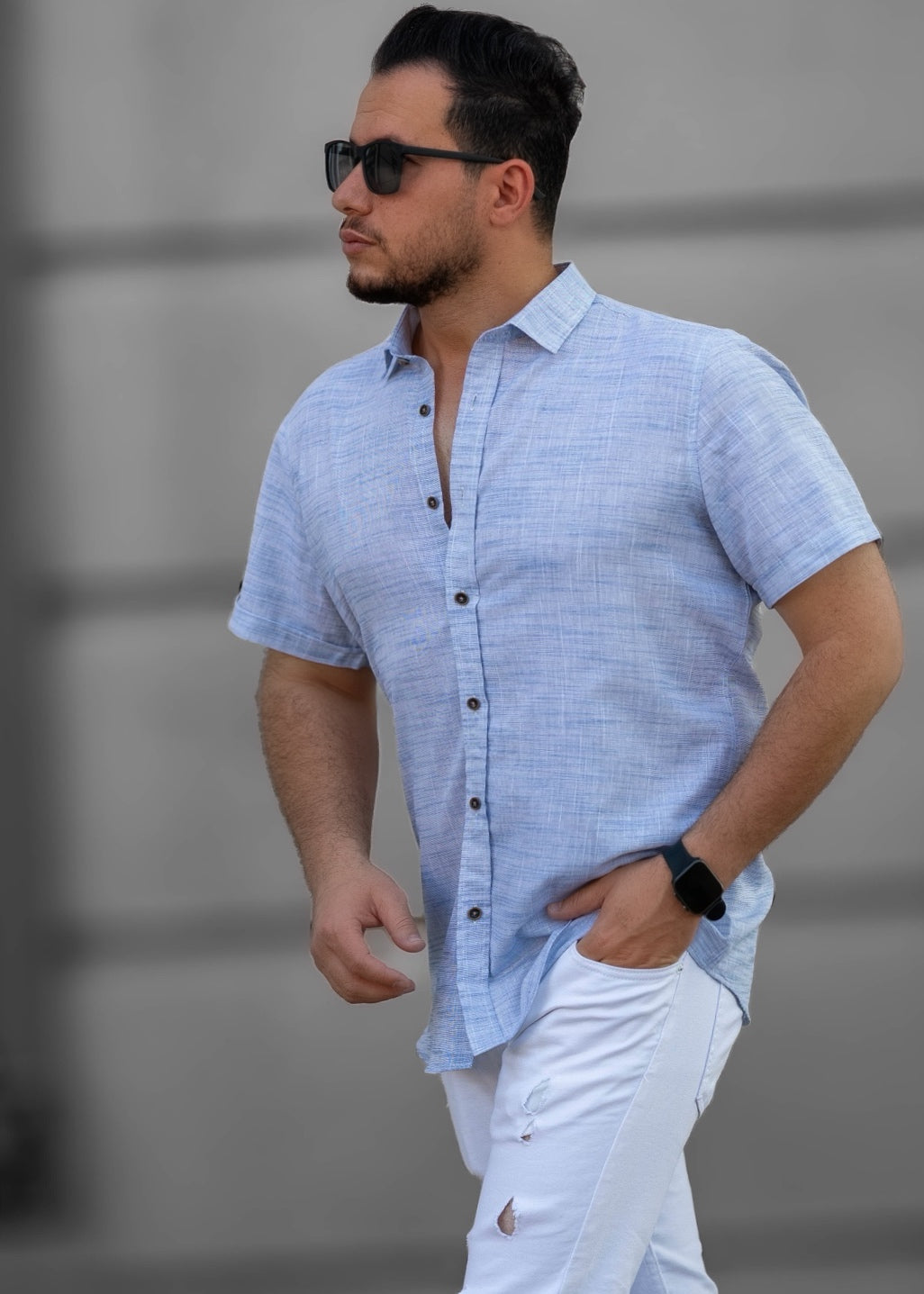 Сорочка чоловіча льон блакитна ML XL 27-166-706