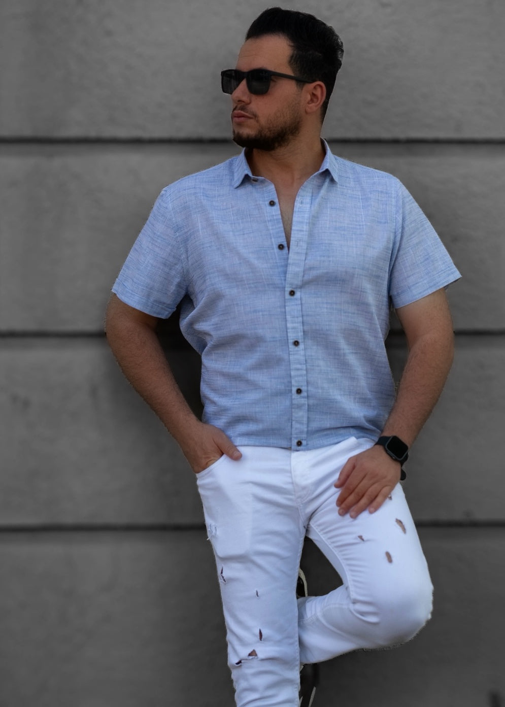 Сорочка чоловіча льон блакитна ML XL 27-166-706