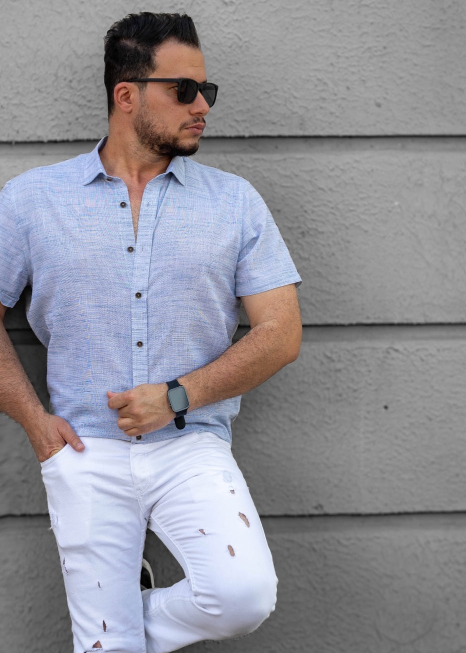 Сорочка чоловіча льон блакитна ML XL 27-166-706