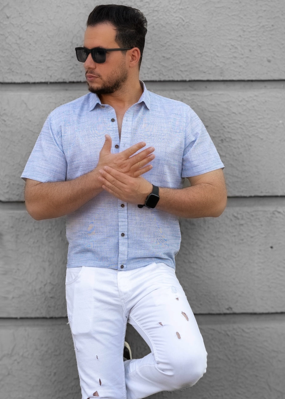 Сорочка чоловіча льон блакитна ML XL 27-166-706