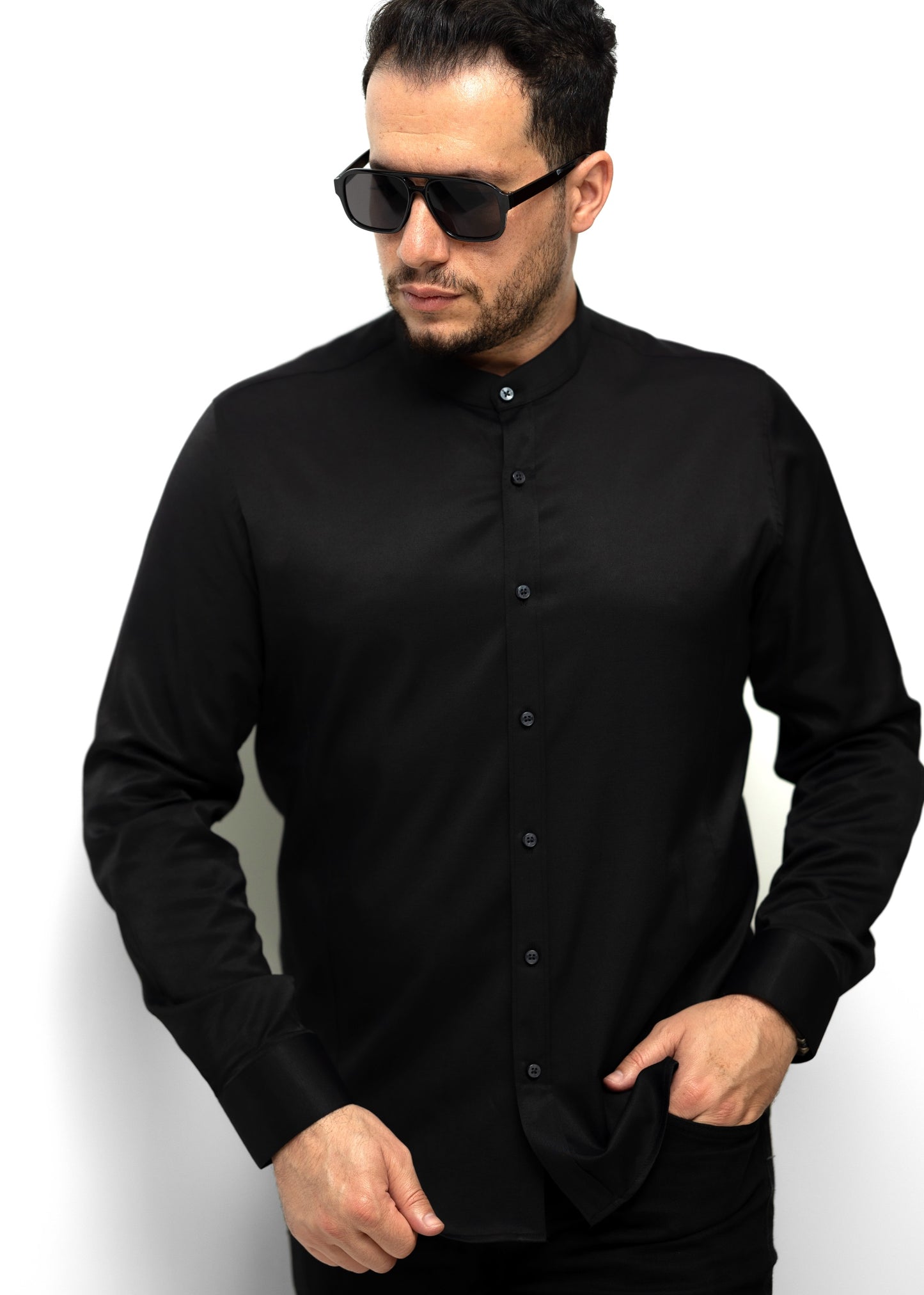 Чорна базова приталена сорочка без коміра M L XL XXL 3XL 80-28-401