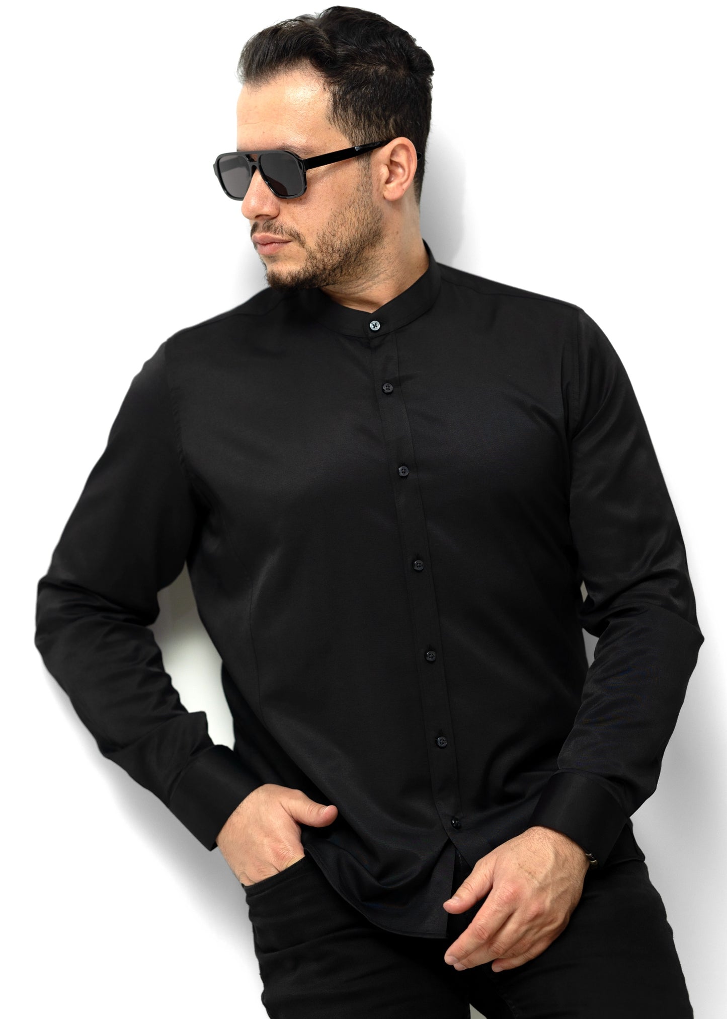 Чорна базова приталена сорочка без коміра M L XL XXL 3XL 80-28-401