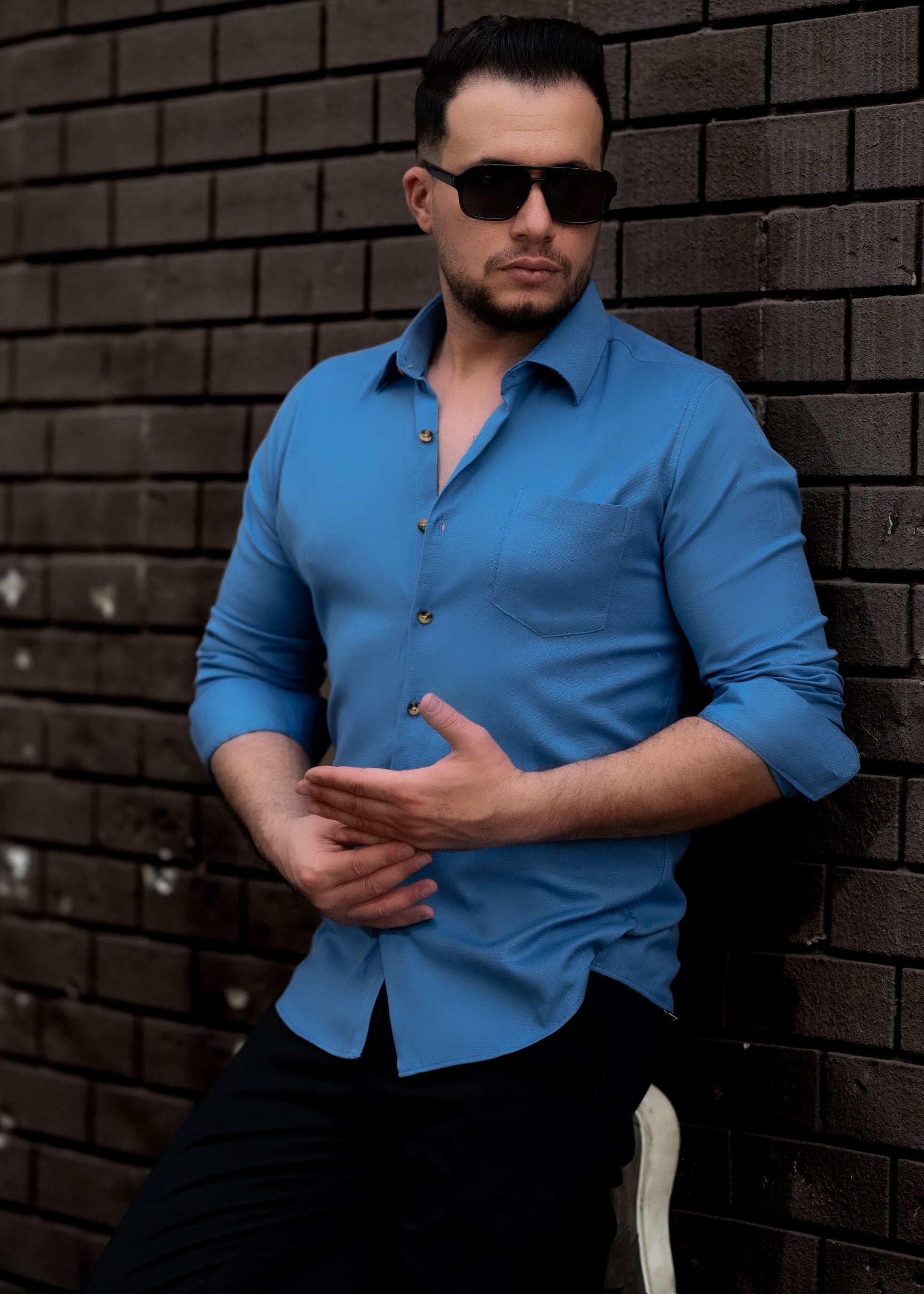 Сорочка чоловіча бавовняна синя з кишенею M XXL 29-73-601 