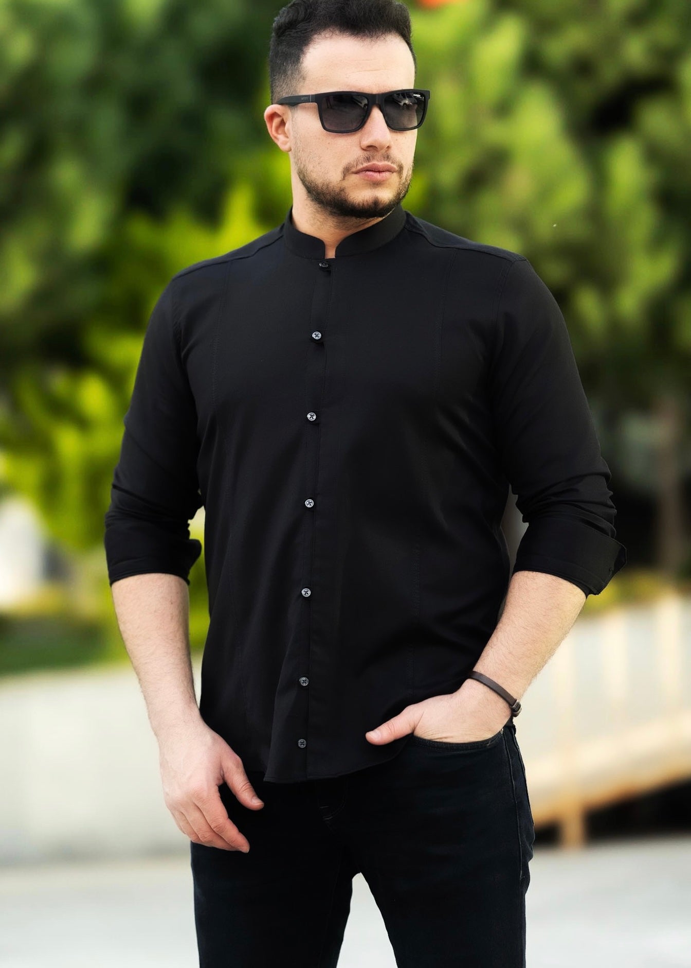 Чоловіча чорна сорочка з дизайнерською застібкою та коміром стійка M L XL XXL 3XL 80-220-502