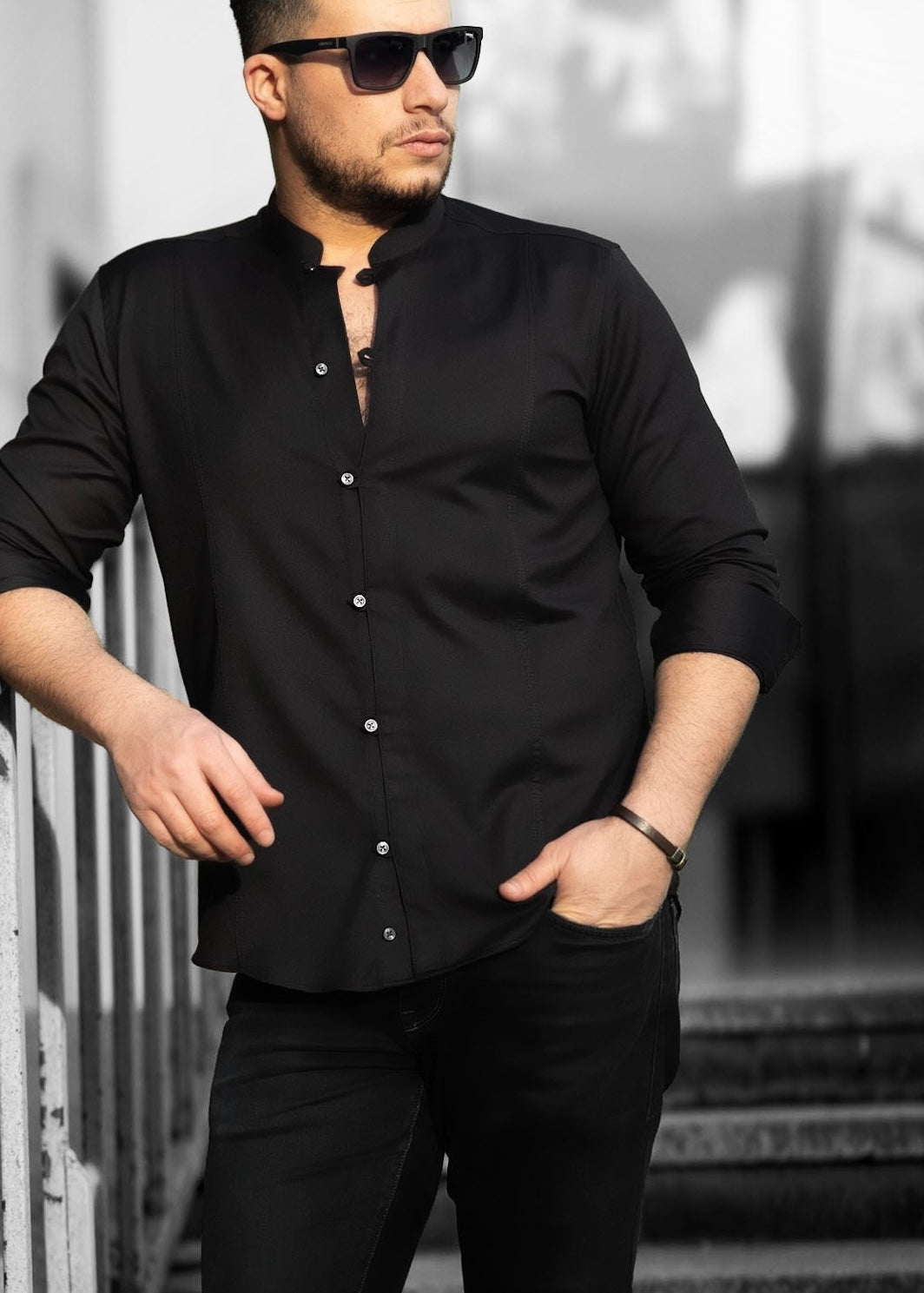 Чоловіча чорна сорочка з дизайнерською застібкою та коміром стійка M L XL XXL 3XL 80-220-502