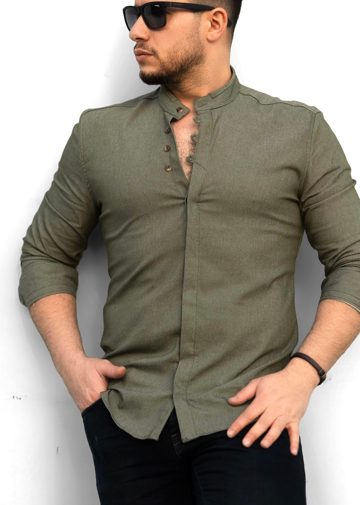 Елегантна чоловіча сорочка під джинс кольору хакі XL XXL 32-91-502