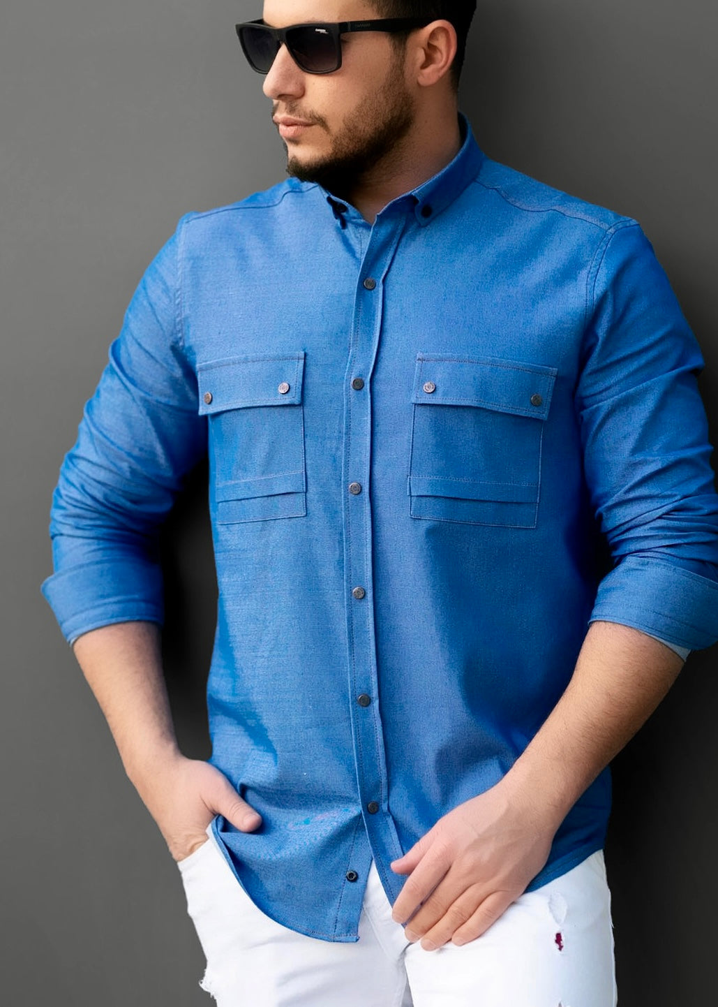 Чоловіча сорочка з тонкого джинсу з кишенею M XXL 28-214-502