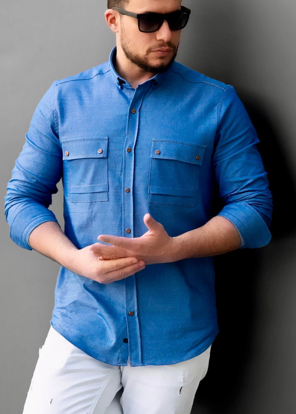 Чоловіча сорочка з тонкого джинсу з кишенею M XXL 28-214-502